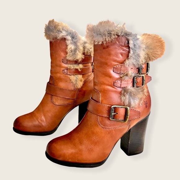 RARE Frye Penny Lux Rabbit Fur-Lined Cognac Leather Buckle Heeled Ankle Booties - Picture 10 of 15